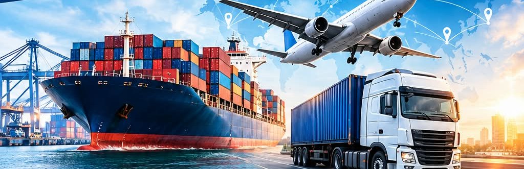 Kapal kontainer, pesawat kargo, dan truk kontainer